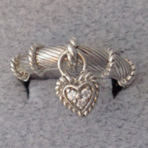 Judith Ripka Dangle Heart Ring CZ Ribbed Sterling Silver 925 Size 10.25 Designer - £51.12 GBP