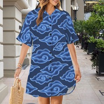 Blue Cloud Mega Mendung Batik Button Front Shirt Dress (Size XS - 5XL) - $35.00+