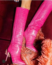 Women Hot Pink Knee Boots Thin High Heel Pointed Toe Tall Boots Animal Skin Patt - £152.30 GBP