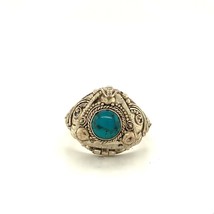 Vintage Sterling Signed 925 Scroll Works Turquoise Stone Pillbox Dome Ring 9 1/4 - £42.59 GBP