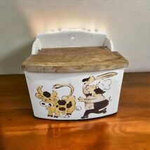 Porcelain Salt Box Wooden Hinged Lid French Country Cottage Cow Butcher ... - $62.68