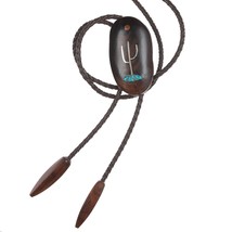 37&quot; Sterling/Copper/turquoise inlaid Ironwood bolo tie - £66.21 GBP