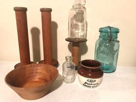 Lot of collectibles -wood Bobbins, Ball mason jar, B&amp;M crock, more - £37.66 GBP