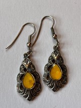 Yellow Teardrop in Faux Silvertone Marcasite Scalloped Teardrop Dangle Earrings - $11.29