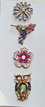 Vintage-Style Brooch Set of 4 Fashion Jewelry Pins: Hummingbird, Owl, Flowers - £25.99 GBP