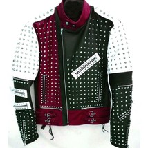 Red Unique Design Full Studded Biker Leather Jacket Maroon Black White Color Men - £128.50 GBP