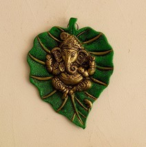 Metal Golden Lord Ganesha on Green Leaf Wall Hanging Sculpture Decorativ... - $19.79