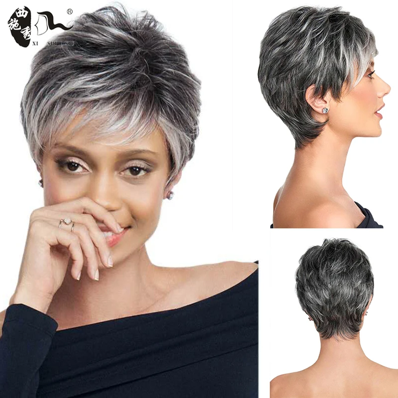 Short Mixed Gray Pixie Cut Synthetic Wig With Bangs For Women Soft Natur - £18.35 GBP