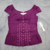 Gianni Bini Shirt Womens 0 Purple Scoop Neck Short Sleeve Button Up Sheer Top - £20.48 GBP