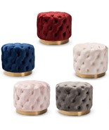 Round Velvet Ottoman Button Tufted Brushed Stainless Gold Base – 5 Color... - $4,017.16 MXN