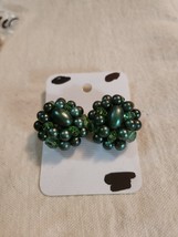 Vintage Green Beaded Cluster Clip On Earrings Made in Japan - $23.18 CAD