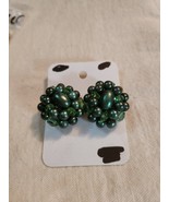 Vintage Green Beaded Cluster Clip On Earrings Made in Japan - $23.23 CAD