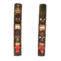 Set of 2 Double Tiki Mask Totem Hand Carved Wall Decor Tribal Sculpture 40 Inch - £62.29 GBP