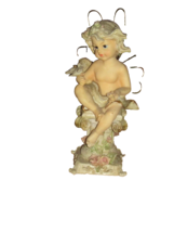 ANGEL CHERUB FIGURINE sitting on pillar bird in hand wire wings delicate... - $7.20