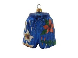 Christmas Hand Painted Glass Blue Floral Pants Ornament w Glitter Holiday  - £15.44 GBP