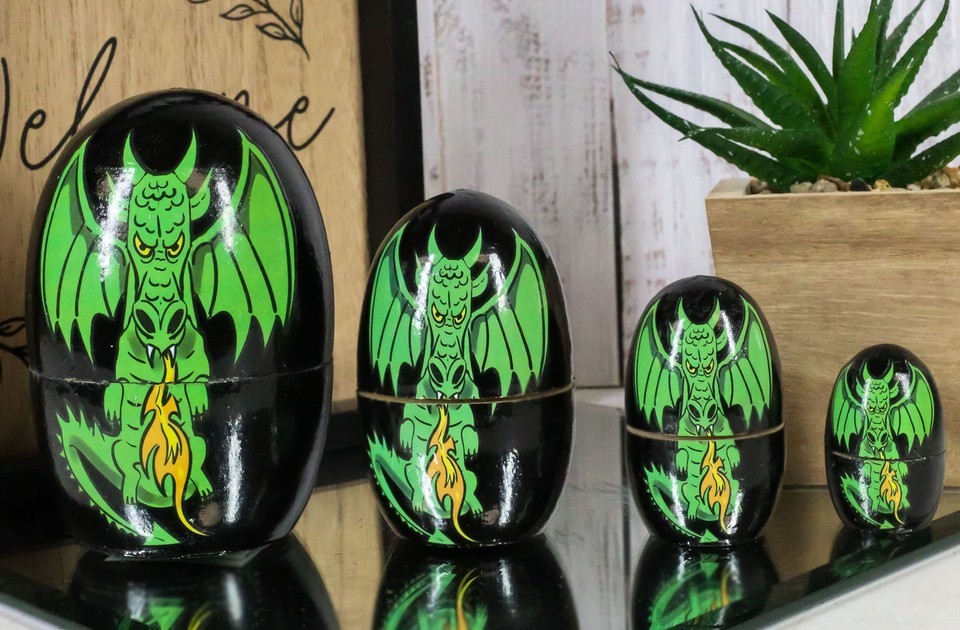 Medieval Fantasy Green Fire Dragons Nesting Dolls Matroyshka Babushka Fi... - $17.99