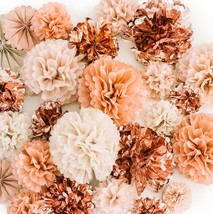 20 PCS Rose Gold Party Decorations Metallic Foil and Tissue Paper Pom Poms Birth - £31.13 GBP