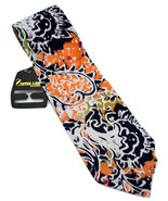 Malaysian Batik Necktie Wide 3.5&quot; Classic 57.5&quot; Black Orange Floral Art ... - £12.71 GBP