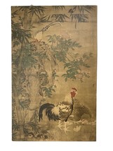 Antique Asian Signed Print - Rooster Chicken Hen Chicks Bamboo 19”x12” Mounted - £125.88 GBP