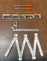 6 Vintage 1960's Marx Toy Tools ~ level, 3 screwdrivers, square & tape ruler - $25.00