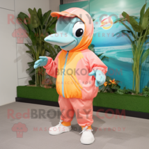 Peach Dolphin mascot costume character dressed with a Windbreaker and Tie pins - $1,279.00