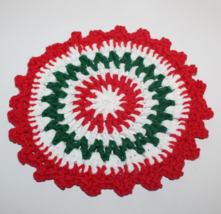 VTG Handmade Crochet Christmas Colors Doily Potholder Red Green White Pattern - £9.33 GBP