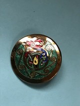 Vintage Small Goldtone Abstract Bird w Green Red &amp; Blue Enamel Round Disk Pin  - £11.90 GBP