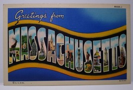 Greetings From Massachusetts Large Big Letter Linen Postcard Buildings Unused - £5.16 GBP