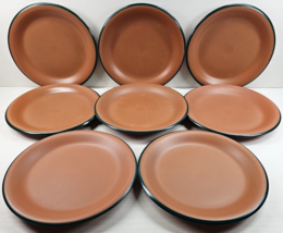 8 Newcor Adobe Dinner Plates Set Vintage Terra Cotta Brown Green Trim Dishes Lot - £114.33 GBP
