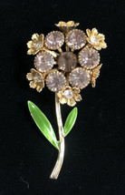 Vintage Gold Tone Flower Brooch Pink &amp; White Gems Flower Enameled Leaves - £15.44 GBP