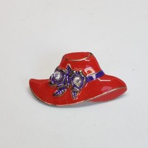Vintage Red Hat Society Aurora Borealis Rhinestone Enamel Silver Tone Brooch Pin - £10.34 GBP