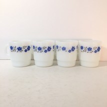 Set of 4 Vintage Termocrisa Milk Glass Blue Floral Flower Pattern Stackable - £38.66 GBP