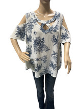 Flower &amp; Feather Blue White Floral Cold Shoulder Shirt Top Blouse Size XL - $13.99