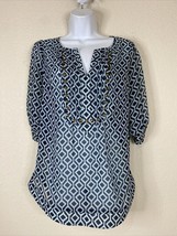 41 Hawthorne Womens Size M Sheer Blue Mosaic Studded V-neck Blouse Elbow Sleeve - £8.43 GBP