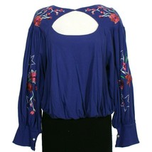 FREE PEOPLE Blue Lita Floral Embroidered Cutout Cotton Linen Knit Top L - £55.87 GBP