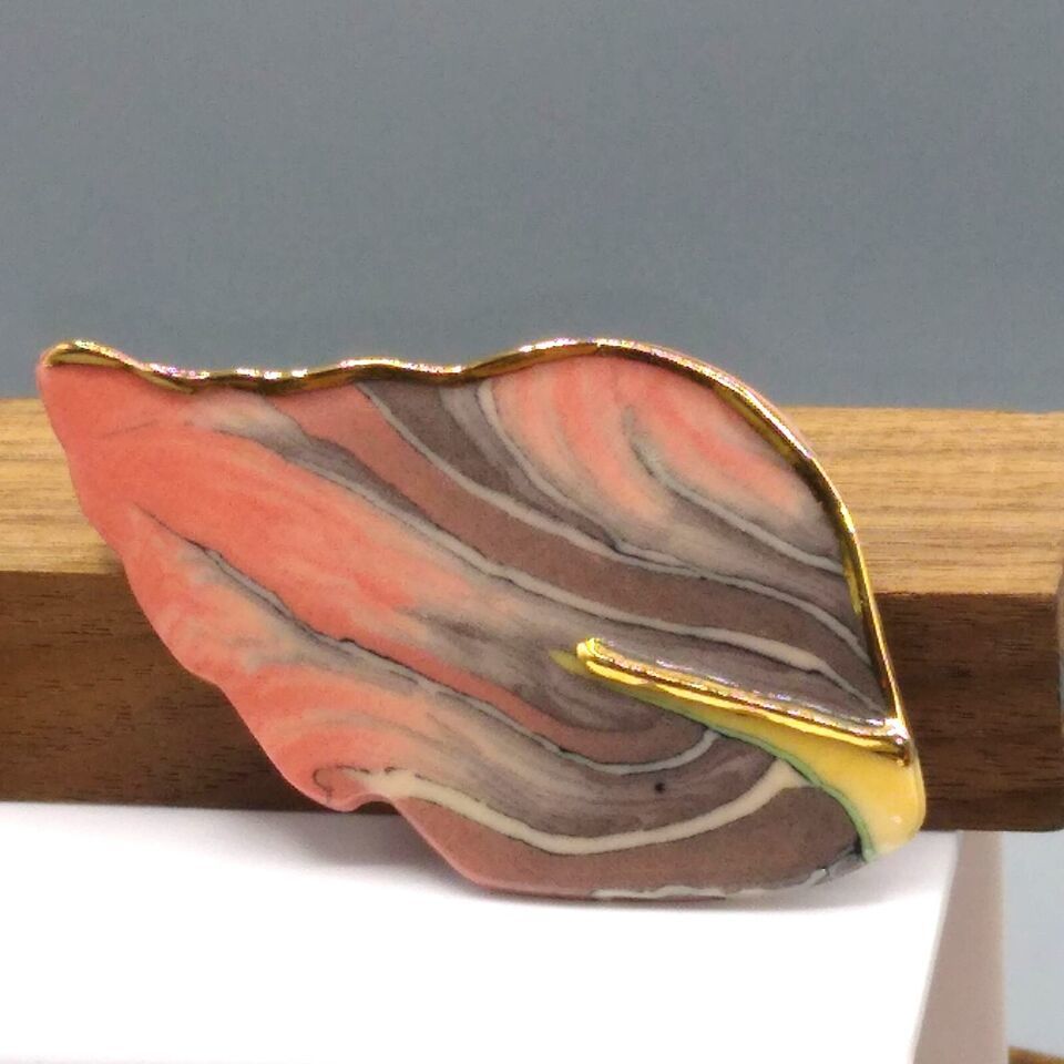 Primary image for Lacquered Polymer Clay Leaf Brooch, Gorgeous Handmade Vintage Artisan Pink, Purp