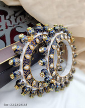 Indian Gold Plated Bollywood Style Kundan Blue Bangles Bracelets 2.2 2.4 2.6 2.8 - £76.16 GBP