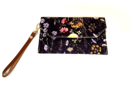 New Handmade Beige Black Wildflower Canvas Envelope Wallet Clutch 8&quot; x 5&quot; - £21.13 GBP