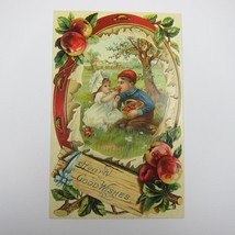 Postcard Hearty Good Wishes Boy &amp; Girl Eat Apples Basket Tree Antique Embossed - £7.98 GBP