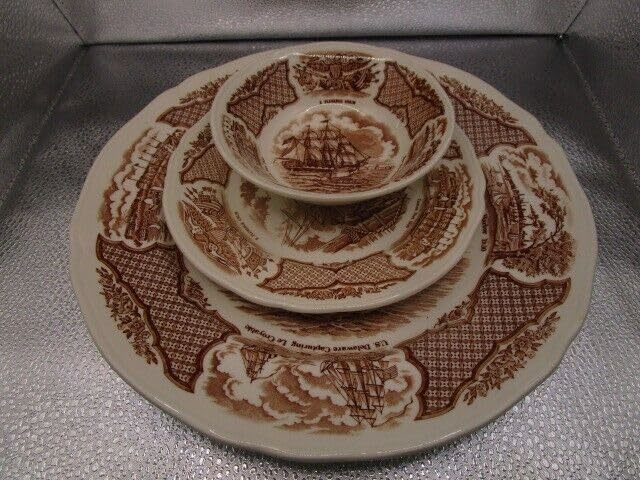Fair Winds Alfred Meakin red transfer Friedship of Salem 2 trio plates a... - $12.72