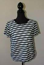 Alfred Dunner Blouse Black White Striped Ruched Sides Short Sleeved Casu... - $24.99