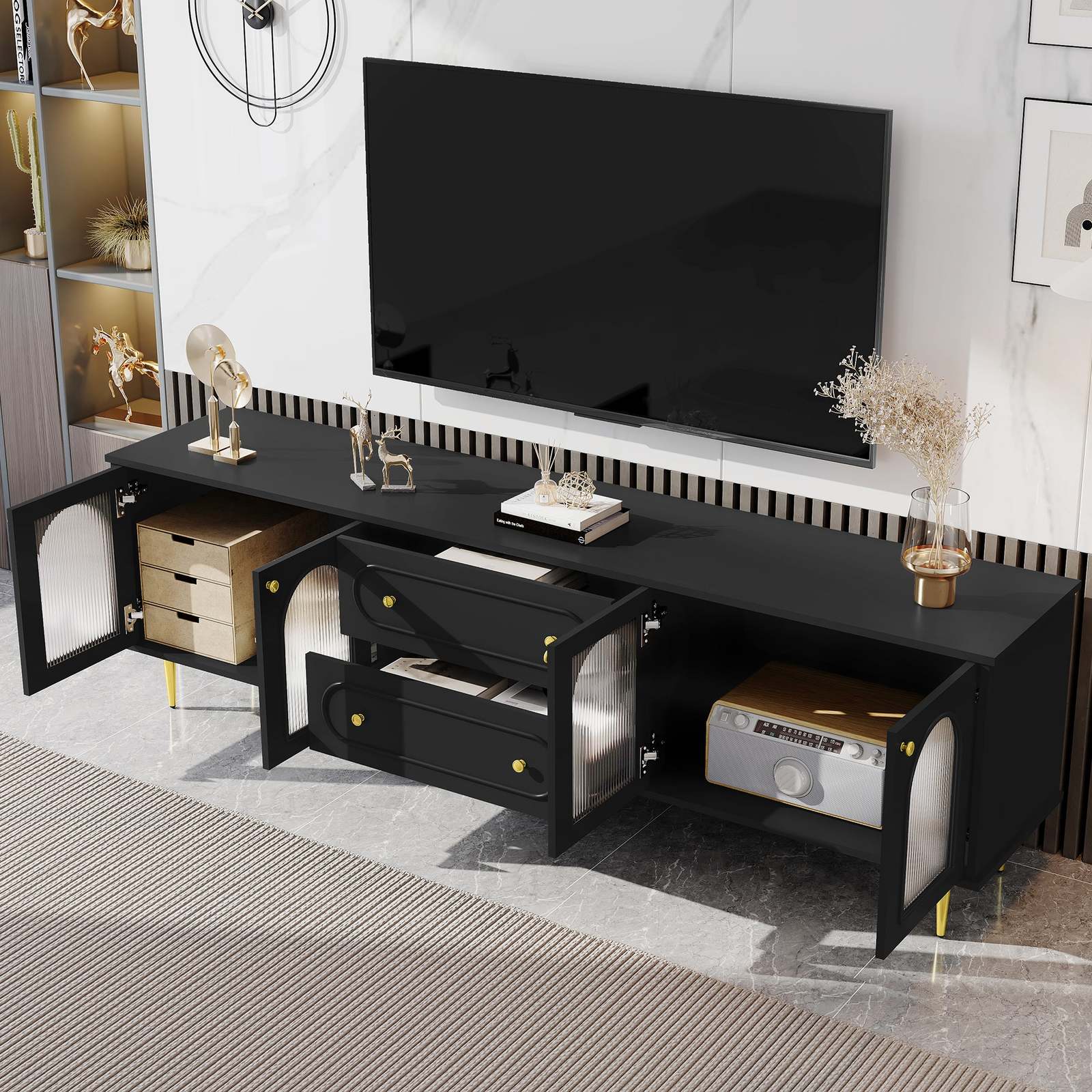 U-Can 78.7" Modern TV Stand Cabinet for 80" TV - Fluted Glass Doors Item image 3