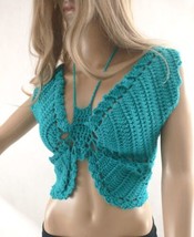 Women Halter Top Handmade Crochet Boho summer butterfly beach teal knit ... - $38.61