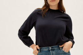Everlane The Double-Gauze Shirred Top Cotton High Neck Long Sleeve Black 6 - £30.20 GBP