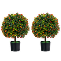 22&quot; Artificial Boxwood Topiary Ball Tree 2-Pack Faux Potted Plant w/Orange Fruit - £119.09 GBP