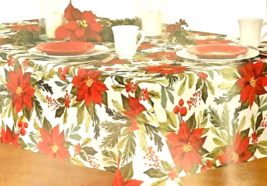 Christmas Poinsettia Flourish Tablecloth Jacquard Textured Print 60x120&quot; Oblong - £28.69 GBP