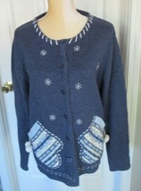 Classic Elements Winter Silver/Pearl  Beading Cardigan  Blue Sweater sz L - $12.99