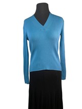 August Silk Size Small Turquoise Ribbed V Neck Sweater - £13.52 GBP