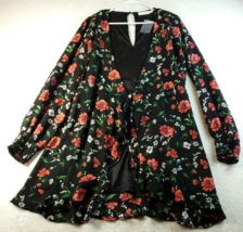 Lush Sheath Dress Womens Medium Black Floral Long Sleeve Open Front Drawstring - £12.27 GBP