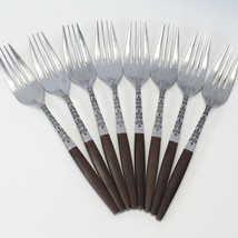 Interpur INR2 Dinner Forks 8&quot; Brown Faux Wood Stainless Lot of 8 - £38.36 GBP